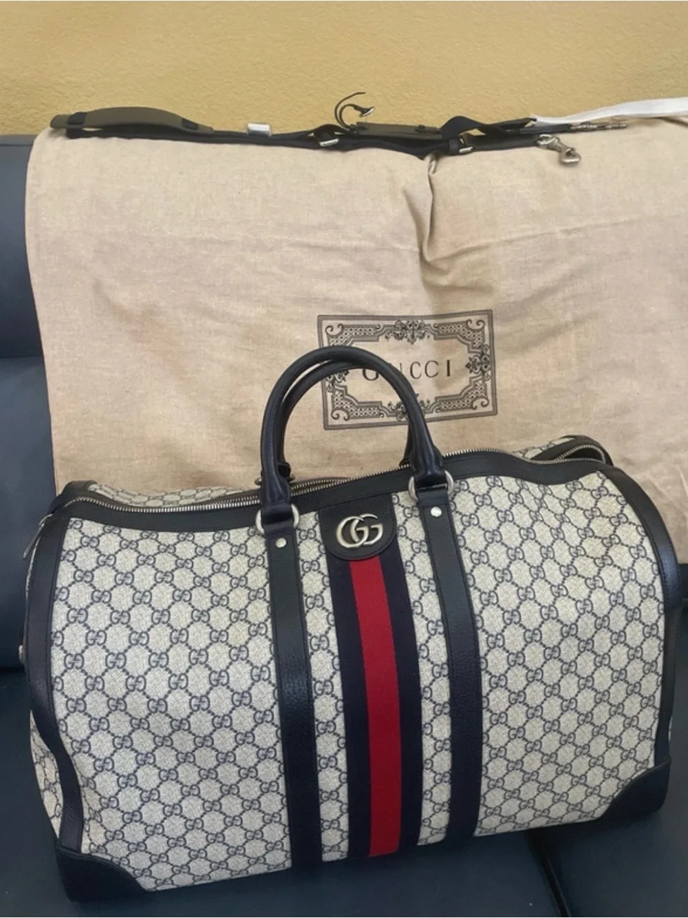 Gucci GG Supreme Duffel with Navy and Red Web Stripe